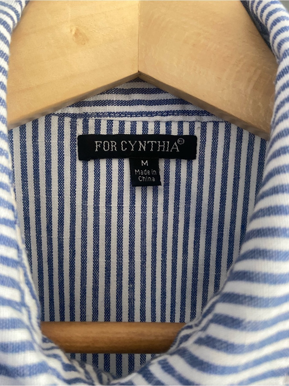 FOR CYNTHIA Linen Cotton Striped Shirt Medium Blue White Fishtail Hem Button Up - Picture 4 of 8